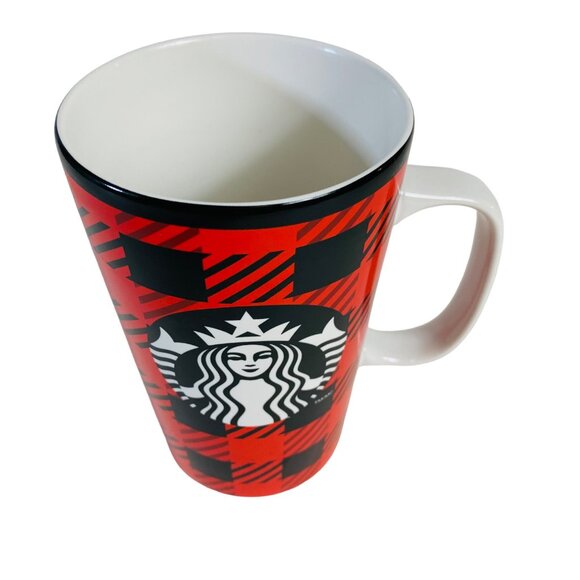 Starbucks Buffalo Plaid Coffee Mug Tall Red Black Checked Ceramic Tumbler 16 Oz - Picture 5 of 12